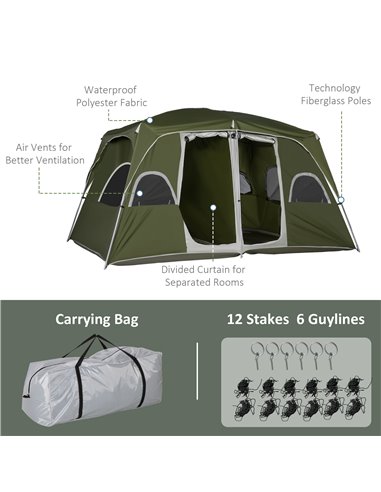 Outsunny Camping Tent, Family Tent 4-8 Person 2 Room, with Large Mesh Windows, Easy Set Up for Backpacking Hiking Outdoor, Green