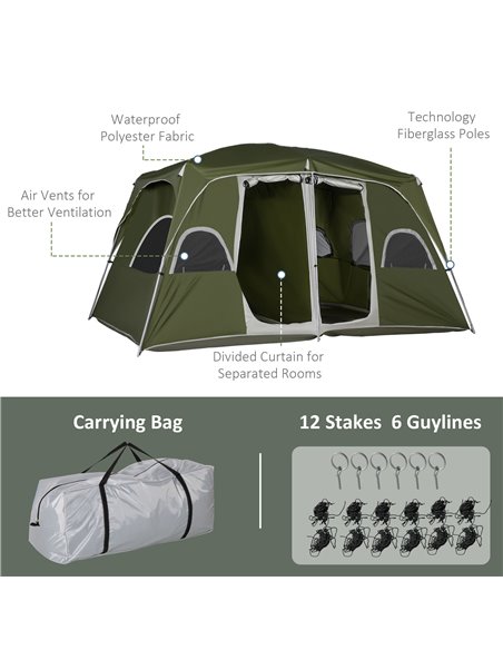 Outsunny Camping Tent, Family Tent 4-8 Person 2 Room, with Large Mesh Windows, Easy Set Up for Backpacking Hiking Outdoor, Green - pic 64926 | FastDaddyshop