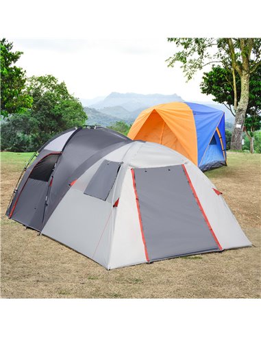 Outsunny 4-5 Man Outdoor Tunnel Tent, Two Room Camping Tent with Portable Mat, Sewn-In Floor Breathable Mesh Windows for Fishing