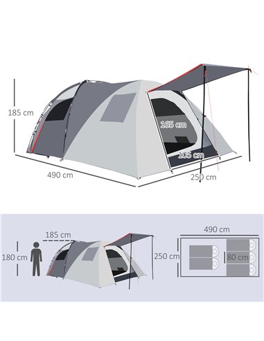 Outsunny 4-5 Man Outdoor Tunnel Tent, Two Room Camping Tent with Portable Mat, Sewn-In Floor Breathable Mesh Windows for Fishing