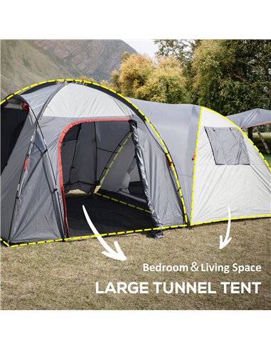 Outsunny 4-5 Man Outdoor Tunnel Tent, Two Room Camping Tent with Portable Mat, Sewn-In Floor Breathable Mesh Windows for Fishing