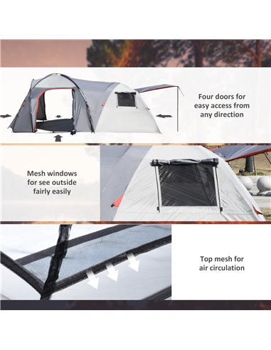 Outsunny 4-5 Man Outdoor Tunnel Tent, Two Room Camping Tent with Portable Mat, Sewn-In Floor Breathable Mesh Windows for Fishing