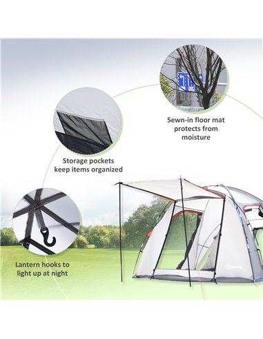 Outsunny 4-5 Man Outdoor Tunnel Tent, Two Room Camping Tent with Portable Mat, Sewn-In Floor Breathable Mesh Windows for Fishing