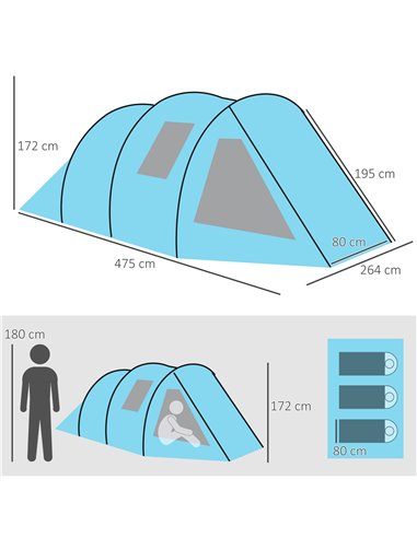 Outsunny 3-4 Man Tunnel Tent, Two Room Camping Tent with Windows and Covers, Portable Carry Bag, for Fishing, Hiking, Sports, Fe