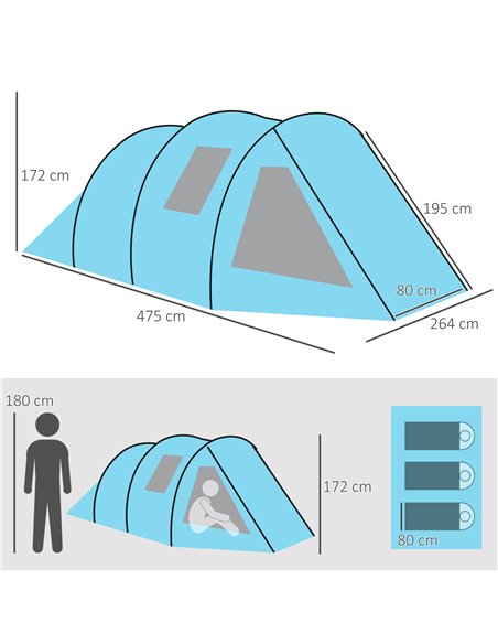 Outsunny 3-4 Man Tunnel Tent, Two Room Camping Tent with Windows and Covers, Portable Carry Bag, for Fishing, Hiking, Sports, Fe - pic 64948 | FastDaddyshop