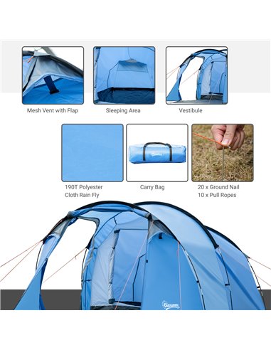Outsunny 2-3 Man Tunnel Tents w/ Vestibule Camping Tent Porch Air Vents Rainfly Weather-Resistant Shelter Fishing Hiking Festiva