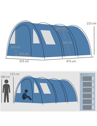 Outsunny 5-6 Man Tunnel Tent, Two Room Camping Tent with Sewn-In Floor, 2 Doors and Carry Bag, 2000mm Water Column for Fishing, 