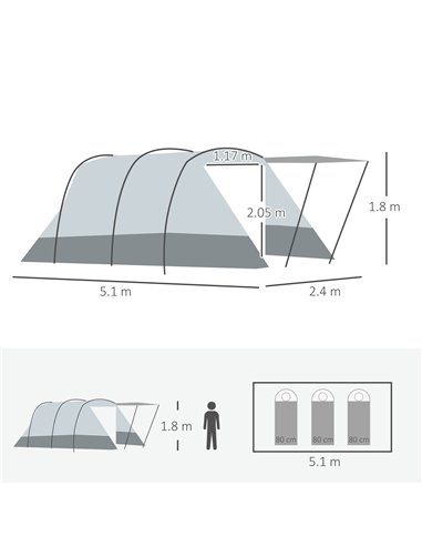 Outsunny 6-8 Person Tunnel Tent, Camping Tent with Bedroom, Living Room, Sewn-in Floor, 3 Doors and Carry Bag, 2000mm Water Colu