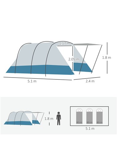 Outsunny 6-8 Person Tunnel Tent, Camping Tent with Bedroom, Living Room, Sewn-in Floor, 3 Doors and Carry Bag, 2000mm Water Colu