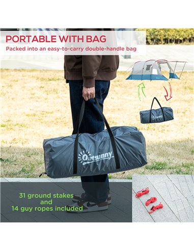 Outsunny 6-8 Person Tunnel Tent, Camping Tent with Bedroom, Living Room, Sewn-in Floor, 3 Doors and Carry Bag, 2000mm Water Colu