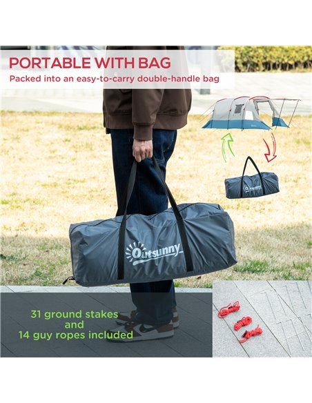 Outsunny 6-8 Person Tunnel Tent, Camping Tent with Bedroom, Living Room, Sewn-in Floor, 3 Doors and Carry Bag, 2000mm Water Colu - pic 64992 | FastDaddyshop