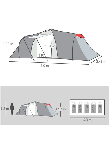 Outsunny 4-6 Man Tunnel Tent with 2 Bedroom, Living Area and Vestibule, Large Camping Tent, 2000mm Waterproof, UV50+, Portable w