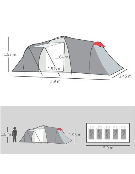 Outsunny 4-6 Man Tunnel Tent with 2 Bedroom, Living Area and Vestibule, Large Camping Tent, 2000mm Waterproof, UV50+, Portable w - pic 65007 | FastDaddyshop