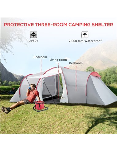 Outsunny 4-6 Man Tunnel Tent with 2 Bedroom, Living Area and Vestibule, Large Camping Tent, 2000mm Waterproof, UV50+, Portable w