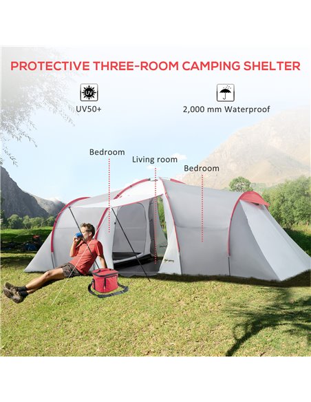 Outsunny 4-6 Man Tunnel Tent with 2 Bedroom, Living Area and Vestibule, Large Camping Tent, 2000mm Waterproof, UV50+, Portable w - pic 65008 | FastDaddyshop