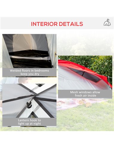 Outsunny 4-6 Man Tunnel Tent with 2 Bedroom, Living Area and Vestibule, Large Camping Tent, 2000mm Waterproof, UV50+, Portable w