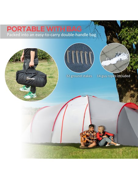 Outsunny 4-6 Man Tunnel Tent with 2 Bedroom, Living Area and Vestibule, Large Camping Tent, 2000mm Waterproof, UV50+, Portable w - pic 65011 | FastDaddyshop