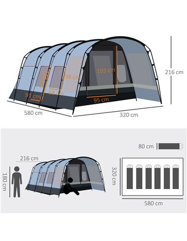 Outsunny 8-Person Camping Tent, Waterproof Family Tent, Tunnel Design, 4 Large Windows, Sleeping Cabins 3000mm Water Column Grey