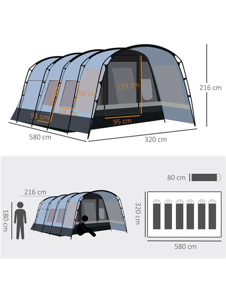 Outsunny 8-Person Camping Tent, Waterproof Family Tent, Tunnel Design, 4 Large Windows, Sleeping Cabins 3000mm Water Column Grey - pic 65016 | FastDaddyshop