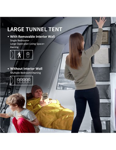 Outsunny 8-Person Camping Tent, Waterproof Family Tent, Tunnel Design, 4 Large Windows, Sleeping Cabins 3000mm Water Column Grey