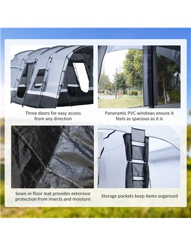 Outsunny 8-Person Camping Tent, Waterproof Family Tent, Tunnel Design, 4 Large Windows, Sleeping Cabins 3000mm Water Column Grey
