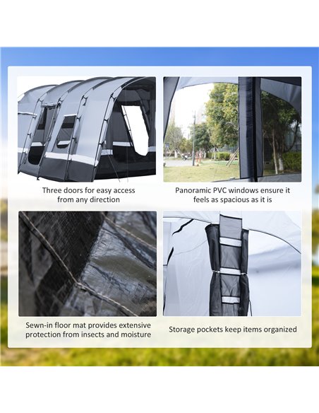 Outsunny 8-Person Camping Tent, Waterproof Family Tent, Tunnel Design, 4 Large Windows, Sleeping Cabins 3000mm Water Column Grey - pic 65018 | FastDaddyshop