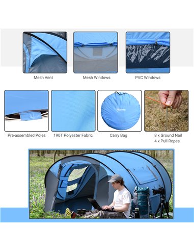 Outsunny 4-5 Person Pop-up Camping Tent Waterproof Family Tent w/ 2 Mesh Windows & PVC Windows Portable Carry Bag for Outdoor Tr
