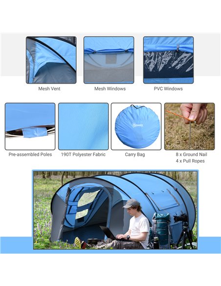 Outsunny 4-5 Person Pop-up Camping Tent Waterproof Family Tent w/ 2 Mesh Windows & PVC Windows Portable Carry Bag for Outdoor Tr - pic 65029 | FastDaddyshop