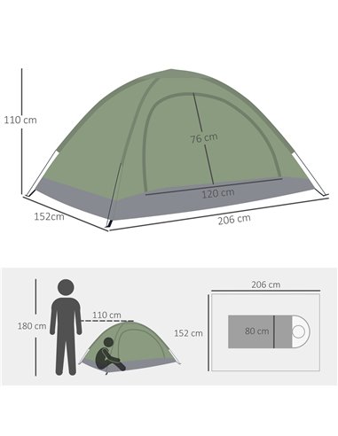 Outsunny 2 Person Camping Tent, Camouflage Tent with Zipped Doors, Storage Pocket, Portable Handy Bag, Dark Green A20-260DG