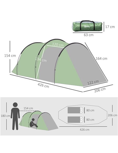 Outsunny Tunnel Tent, 2-3 Person Camping Tent with Sewn-in Groundsheet, Air Vents, Rainfly, 2000mm Water Column, Green A20-173 - pic 65043 | FastDaddyshop