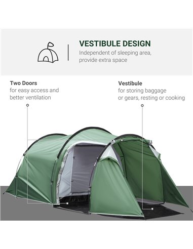 Outsunny Tunnel Tent, 2-3 Person Camping Tent with Sewn-in Groundsheet, Air Vents, Rainfly, 2000mm Water Column, Green A20-173