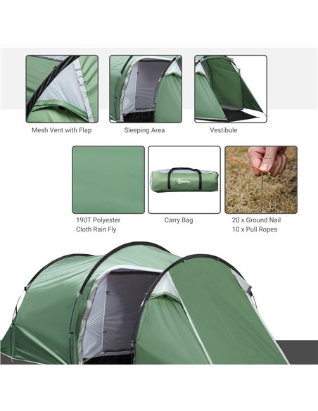 Outsunny Tunnel Tent, 2-3 Person Camping Tent with Sewn-in Groundsheet, Air Vents, Rainfly, 2000mm Water Column, Green A20-173 - pic 65047 | FastDaddyshop
