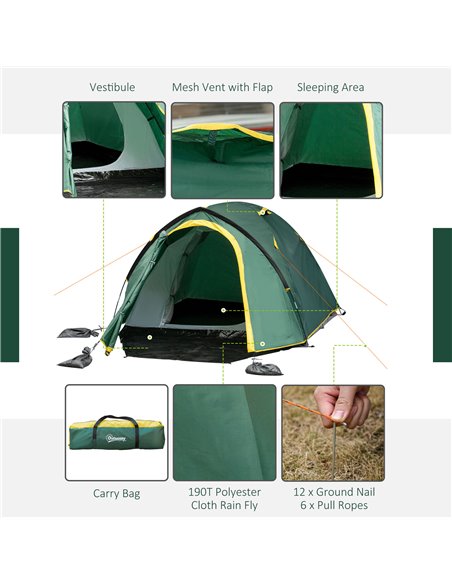 Outsunny Dome Camping Tent for 2, Waterproof with Large Windows, Adventure Ready, Green & Yellow A20-174YL - pic 65054 | FastDaddyshop
