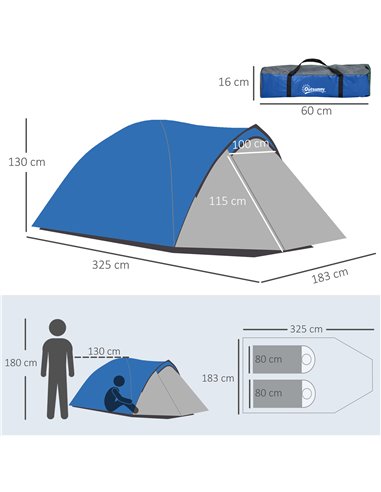 Outsunny Waterproof 2-Person Dome Camping Tent with Large Viewing Windows, Quick Setup, Blue and Grey A20-174V00BU