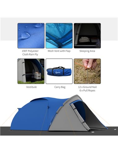 Outsunny Waterproof 2-Person Dome Camping Tent with Large Viewing Windows, Quick Setup, Blue and Grey A20-174V00BU