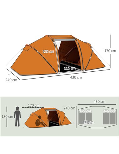 Outsunny 4-6 Man Camping Tent w/ Two Bedroom, Hiking Sun Shelter, UV Protection Tunnel Tent, Orange A20-044V00OG