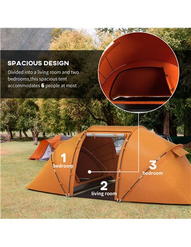 Outsunny 4-6 Man Camping Tent w/ Two Bedroom, Hiking Sun Shelter, UV Protection Tunnel Tent, Orange A20-044V00OG