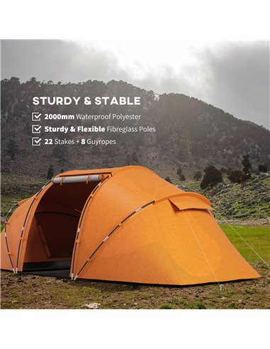 Outsunny 4-6 Man Camping Tent w/ Two Bedroom, Hiking Sun Shelter, UV Protection Tunnel Tent, Orange A20-044V00OG