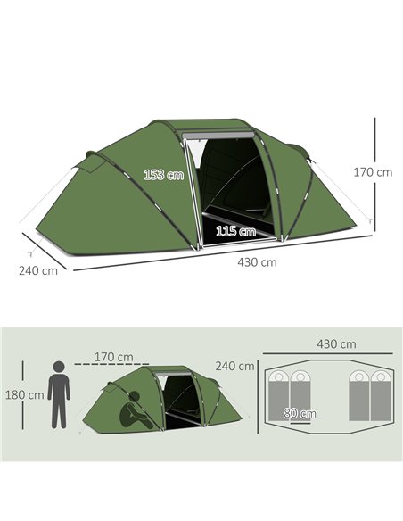 Outsunny 4-6 Man Camping Tent w/ Two Bedroom, Hiking Sun Shelter, UV Protection Tunnel Tent, Dark Green A20-044V00DG - pic 65079 | FastDaddyshop