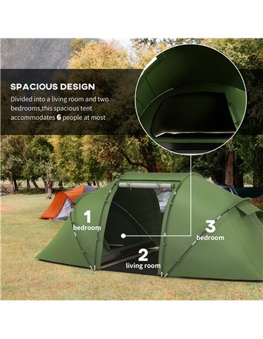 Outsunny 4-6 Man Camping Tent w/ Two Bedroom, Hiking Sun Shelter, UV Protection Tunnel Tent, Dark Green A20-044V00DG