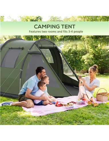 Outsunny Camping Tent for 3-4 People, Two Room Tunnel Tent with Windows, Portable, for Outdoor Activities, Green A20-285V00GN
