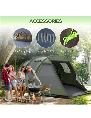 Outsunny Camping Tent for 3-4 People, Two Room Tunnel Tent with Windows, Portable, for Outdoor Activities, Green A20-285V00GN
