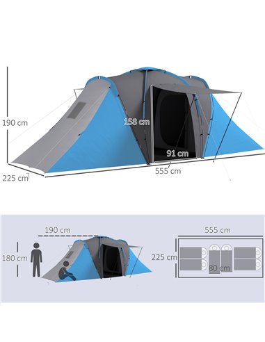 Outsunny Large Camping Tent Tunnel Tent with 2 Bedroom and Living Area, 2000mm Waterproof, Portable with Bag for 4-6 Man, Blue A