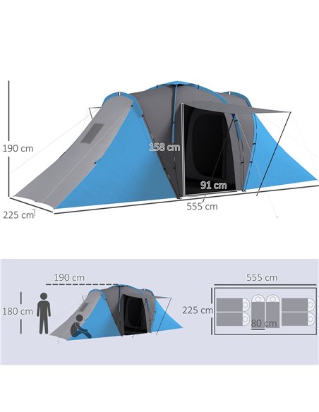 Outsunny Large Camping Tent Tunnel Tent with 2 Bedroom and Living Area, 2000mm Waterproof, Portable with Bag for 4-6 Man, Blue A - pic 65097 | FastDaddyshop