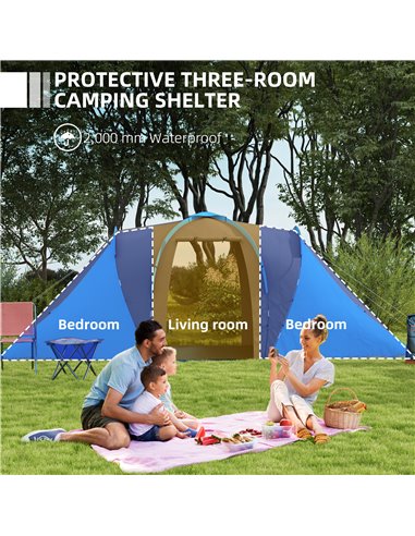 Outsunny Large Camping Tent Tunnel Tent with 2 Bedroom and Living Area, 2000mm Waterproof, Portable with Bag for 4-6 Man, Blue A