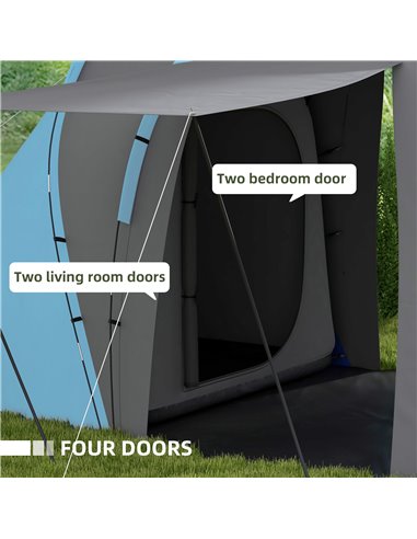 Outsunny Large Camping Tent Tunnel Tent with 2 Bedroom and Living Area, 2000mm Waterproof, Portable with Bag for 4-6 Man, Blue A