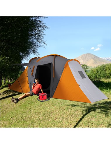 Outsunny Large Camping Tent Tunnel Tent with 2 Bedroom and Living Area, 2000mm Waterproof, Portable with Bag for 4-6 Man, Orange