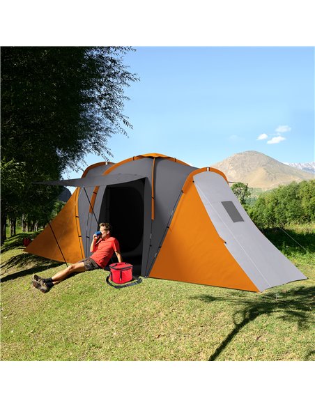 Outsunny Large Camping Tent Tunnel Tent with 2 Bedroom and Living Area, 2000mm Waterproof, Portable with Bag for 4-6 Man, Orange - pic 65105 | FastDaddyshop