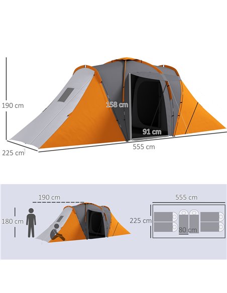 Outsunny Large Camping Tent Tunnel Tent with 2 Bedroom and Living Area, 2000mm Waterproof, Portable with Bag for 4-6 Man, Orange - pic 65106 | FastDaddyshop