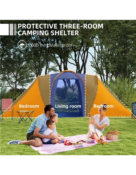 Outsunny Large Camping Tent Tunnel Tent with 2 Bedroom and Living Area, 2000mm Waterproof, Portable with Bag for 4-6 Man, Orange - pic 65107 | FastDaddyshop
